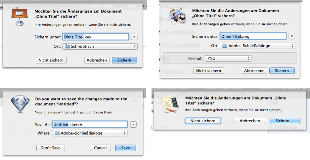 Standard Save Changes Dialogues from four apps on MacOS