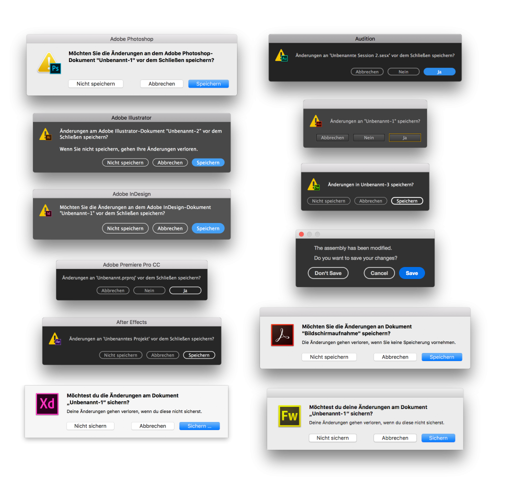 Sichern-Dialoge in verschiedenen Apps der Adobe CC-Suite 2017