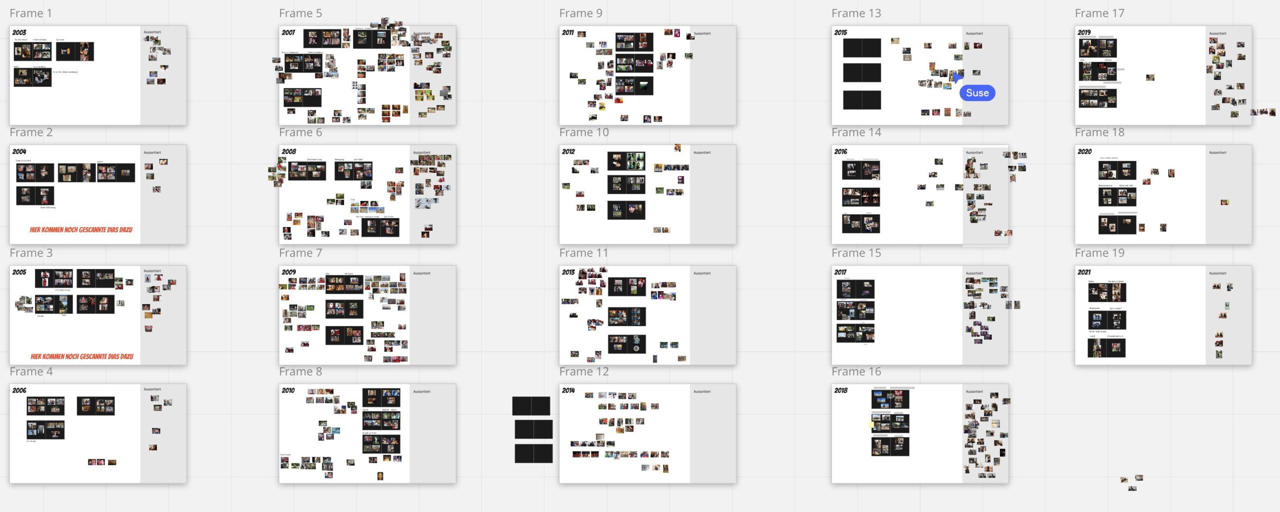 The same Miro window, with the thumbnails now arranged more orderly on the canvases